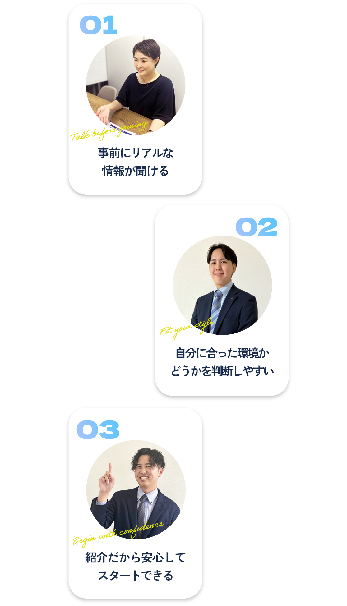 1つ目：事前にリアルな情報が聞ける、2つ目：自分に合った環境かどうかを判断しやすい、3つ目：紹介だから安心してスタートできる